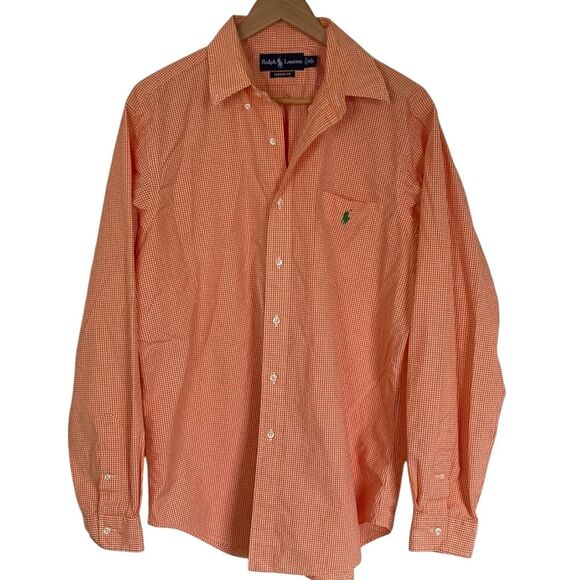 Ralph‎ Lauren Shirt Size Large Classic Fit Long Sleeve Orange White Gingham - Picture 1 of 8